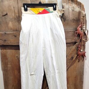 White High-Waisted Pants with Colorful Waistband